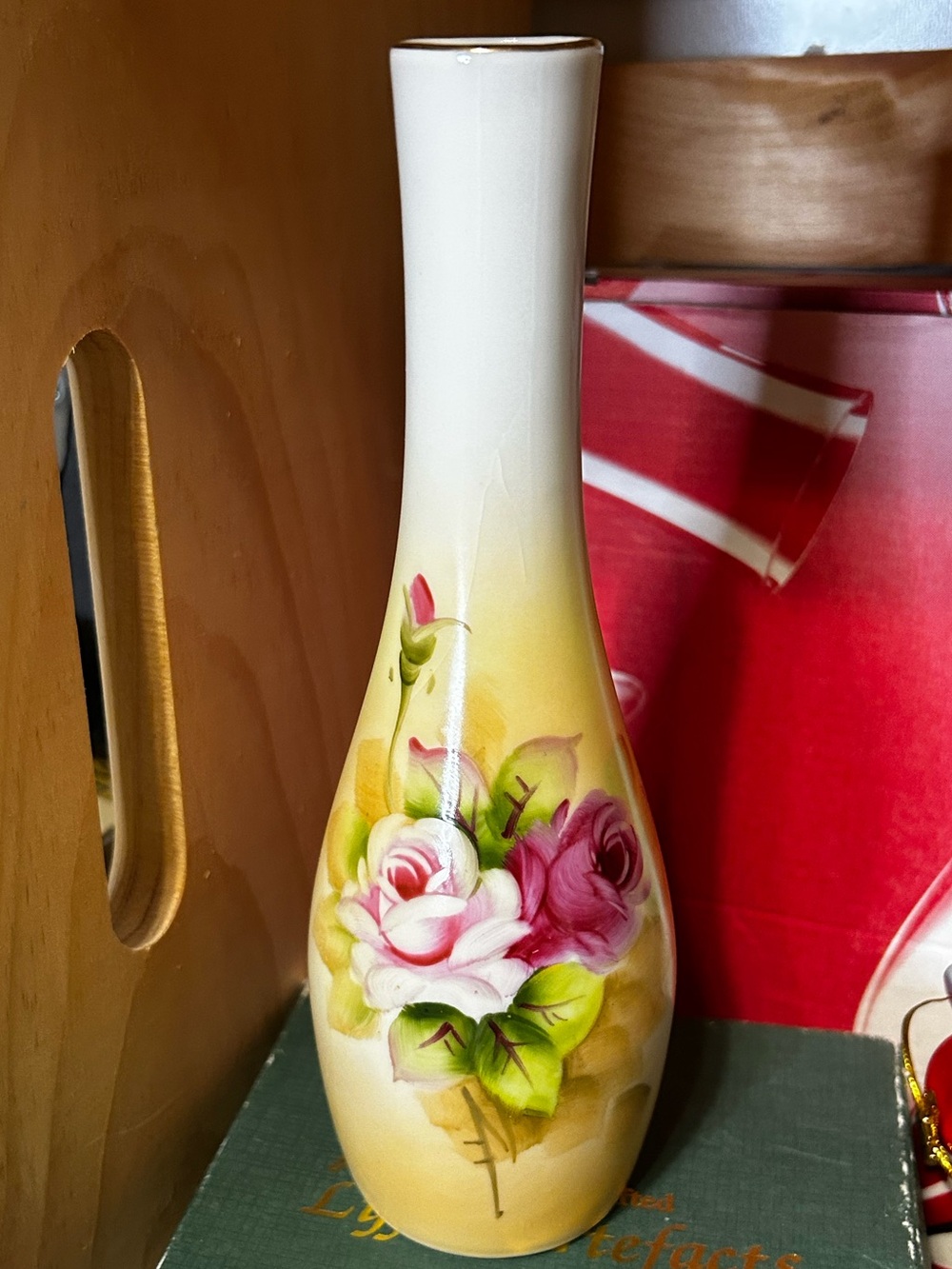 Lefton Vintage Hand-Painted Floral Ceramic Vase in Cream and Pink with tag